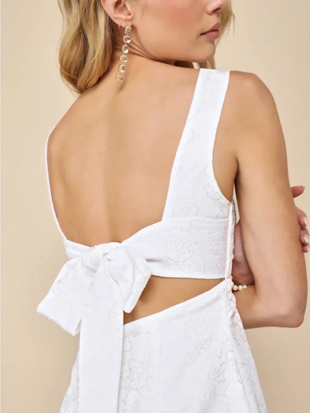 NWOT Lulu’s Perfectly Flirtatious White Floral Jacquard Tie-Back Mini Dress - Picture 3 of 4